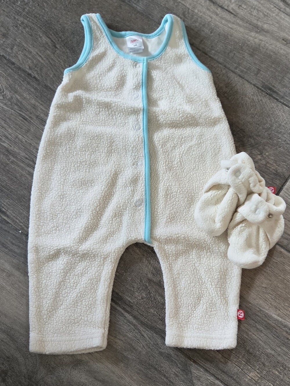 Zutano EUC 6 Months Cream/Aqua Fleece Overalls and Matching Booties
